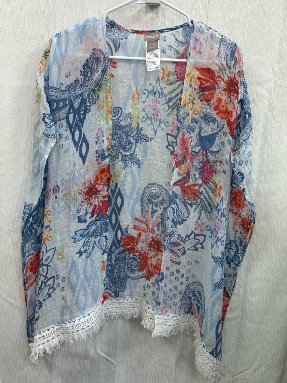 100% linen Chico's Light Blue Floral Open-Front Kimono with Fringe